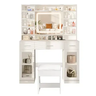 Coiffeuse LED Avec Miroir Coulissant Rangement Caché, 3 Tiroirs, 2 Portes, Tabouret Rembourré Et Por