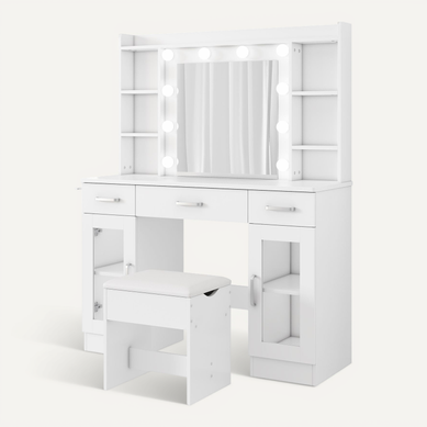 Coiffeuse Avec Miroir Lumineux LED, 2 Portes Vitrées Et 3 Tiroirs - Style Scandinave Blanc