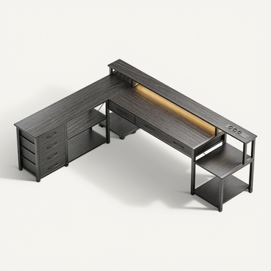Bureau D'angle Gaming et Multimédia XXL Gris - 140x140cm - LED Rgb App - 7 Tiroirs Bureau D'angle Gaming et Multimédia XXL Gris - 140x140cm - LED Rgb App - 7 Tiroirs