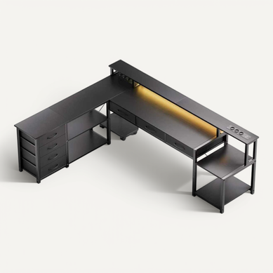 Bureau D'angle Gaming et Multimédia XXL Noir - 140x140cm - LED Rgb App - 7 Tiroirs Bureau D'angle Gaming et Multimédia XXL Noir - 140x140cm - LED Rgb App - 7 Tiroirs