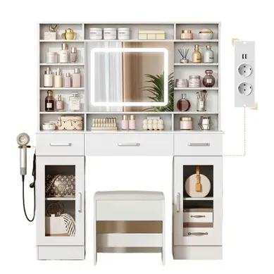 Coiffeuse Moderne Avec Miroir LED Tactile à 3 Couleurs Et 2 Portes Vitrées - Blanc Épuré