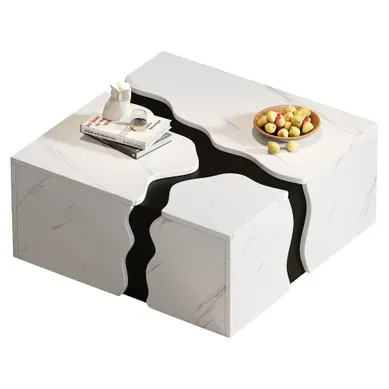 Table Basse De Salon, De Forme Géométrique Cubique, Avec Un Placage En Marbre à Motif Unique Table Basse De Salon, De Forme Géométrique Cubique, Avec Un Placage En Marbre à Motif Unique