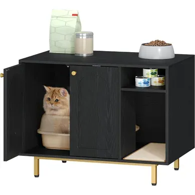 Mobilier Pour Litière Chat 80x50x61 Cm Noir Et Or, Avec Porte Et Séparateur, Banc Stable Pour Chat