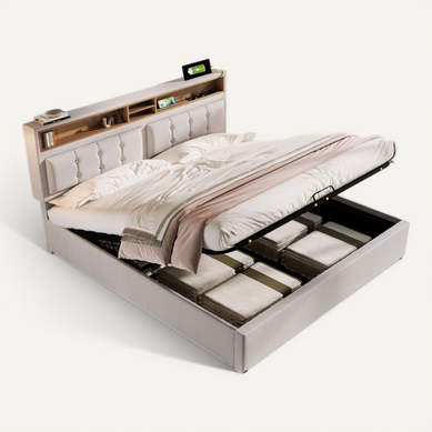 Lit Coffre Lit 160x200 Lit 2 Place, Tête De Lit Avec Chargement USB C Et Rangement, Lin, Beige Lit Coffre Lit 160x200 Lit 2 Place, Tête De Lit Avec Chargement USB C Et Rangement, Lin, Beige