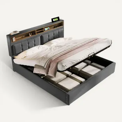 Lit Coffre 160x200 Lit 2 Place avec Tête de Lit Réglable et Prises USB, Rangement, Tissu Lin, Gris Lit Coffre 160x200 Lit 2 Place avec Tête de Lit Réglable et Prises USB, Rangement, Tissu Lin, Gris