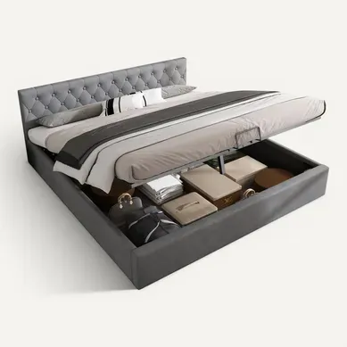 Lit Coffre Lit Adulte Lit Double 180x200 Cm, Tête De Lit Capitonnée Avec Sommier à Lattes, Gris