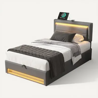 Lit Enfant Lit Coffre 90x190 Cm, Lit Jeune Avec Port De Charge USB Et Éclairage LED, Pu, ​​gris