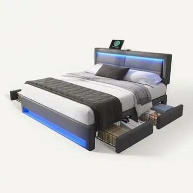Lit Adulte 140x190 Cm, Lit 2 Place Avec Port De Charge USB Et Éclairage LED, 4 Tiroirs, Pu, gris Lit Adulte 140x190 Cm, Lit 2 Place Avec Port De Charge USB Et Éclairage LED, 4 Tiroirs, Pu, gris