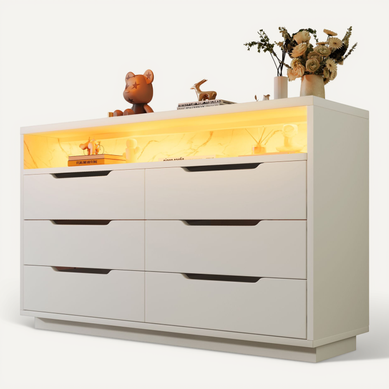 Commode Avec Éclairage LED Et 6 Tiroirs, Compartiment Avec Grain De Marbre, 120x40x85cm, Blanc