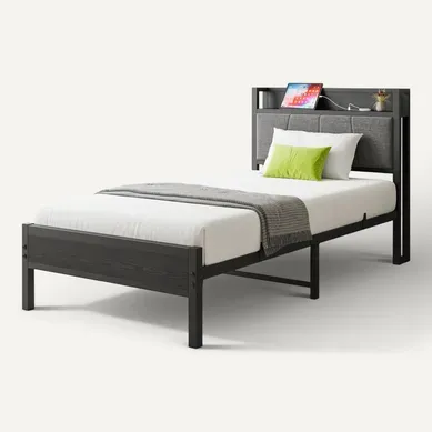 Lit En Métal 90x 200 Cm Avec Espace De Rangement, Port USB, Mdf, Noyer Noir + Gris