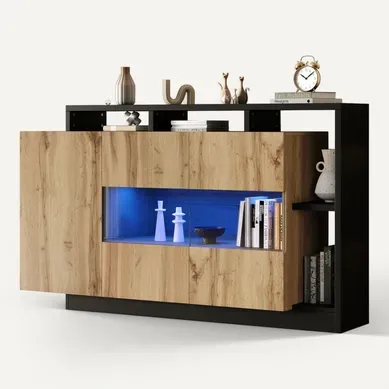 Buffet LED 140x44x94cm 3 Portes Mdf+acrylique – Rangement Cuisine