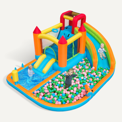 Château Gonflable Pour Enfants - Double Toboggan + Double Piscine, 460x343x190 Cm