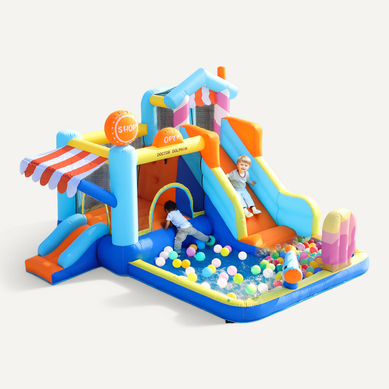 Château Gonflable Pour Enfants - 2 Toboggans + Pistolet à Eau + Piscine + Auvent 395x340x236 Cm