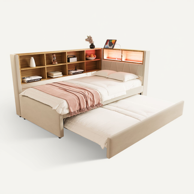 Lit Enfant Lit Gigogne 90x200/90x190cm, Avec LED, Prises Et Nombreux Rangements, Flanelle, Beige Lit Enfant Lit Gigogne 90x200/90x190cm, Avec LED, Prises Et Nombreux Rangements, Flanelle, Beige