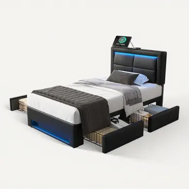 Lit Simple 90x200 Cm Noir Avec Port USB, LED 12 Couleurs Et 4 Tiroirs Lit Simple 90x200 Cm Noir Avec Port USB, LED 12 Couleurs Et 4 Tiroirs
