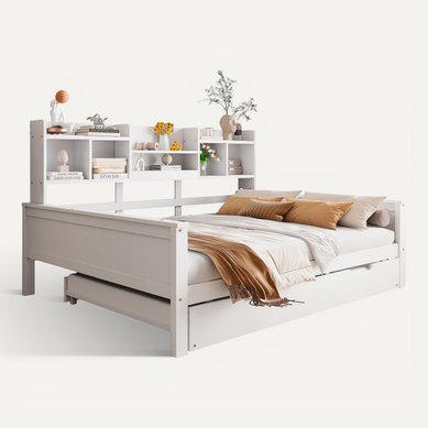 Lit Enfant 140x200 Cm Bois Blanc Avec Lit Gigogne, Rangement Et Sommier Lit Enfant 140x200 Cm Bois Blanc Avec Lit Gigogne, Rangement Et Sommier