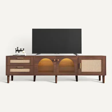 Meuble TV Moderne 180 Cm Avec 2 Tiroirs Et 3 Portes En Rotin Et Verre, Espace De Rangement, Marron