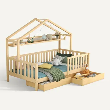 Lit Cabane 90x200 cm, Lit Enfant Avec 2 Tiroirs, Barrière De Sécurité Pour Lit, En Bois Lit Cabane 90x200 cm, Lit Enfant Avec 2 Tiroirs, Barrière De Sécurité Pour Lit, En Bois