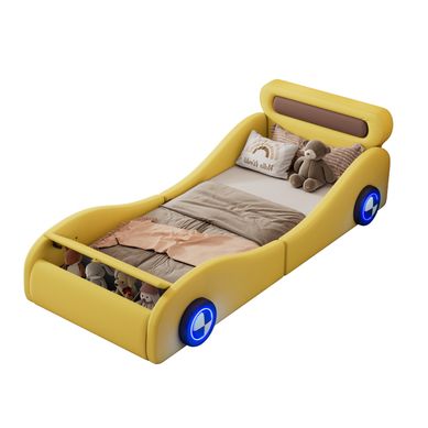 Lit Enfant 90x200cm, En Forme De Voiture, Rangement, Pu, Jaune Lit Enfant 90x200cm, En Forme De Voiture, Rangement, Pu, Jaune