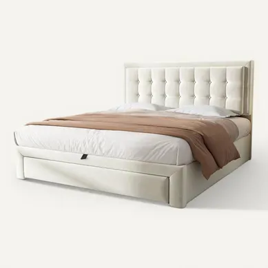Lit Coffre Adulte 140x190 Avec Tête De Lit, Lit De Rangement, 2 Tiroirs, Tissu Teddy, Beige