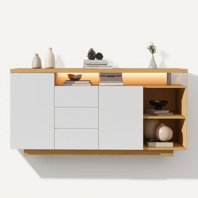Buffet 140x40x70cm, 2 Portes, 3 Tiroirs, Avec Éclairage LED, Blanc + Couleur Bois Buffet 140x40x70cm, 2 Portes, 3 Tiroirs, Avec Éclairage LED, Blanc + Couleur Bois