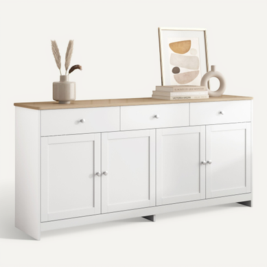 Buffet Pour Salon Et Cuisine, Avec 4 Portes Et 3 Tiroirs, MDF, Blanc Et Bois Buffet Pour Salon Et Cuisine, Avec 4 Portes Et 3 Tiroirs, MDF, Blanc Et Bois