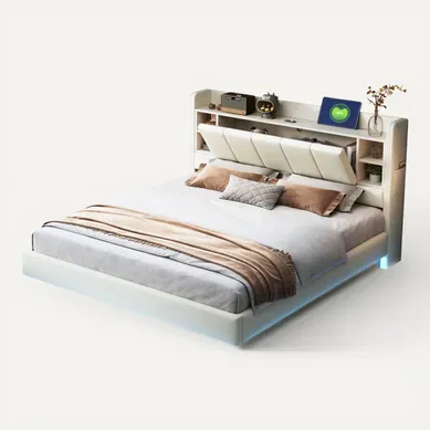 Lit 140x200 Lit Adulte Tissu Lin, Tête De Lit Avec Rangement + USB+led, Beige