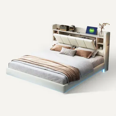 Lit 160x200 Lit Adulte Tissu Lin, Tête De Lit Avec Rangement + USB+led, Beige