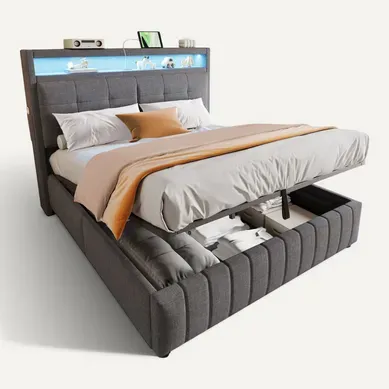 Lit Coffre 160x200cm Gris,lit Adulte Tissu Lin Avec LED, Ports USB-c, Sommier À Lattes