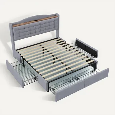 Lit Adulte 160x200cm Tissu Lin Avec 4 Tiroirs De Rangement, USB, Gris Clair