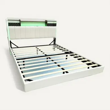 Lit Adulte 140x200cm Tissu Lin,led + USB, Tête De Lit Avec Rangement,beige