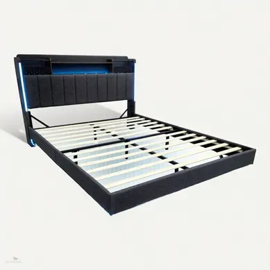Lit Adulte 140x200cm Tissu Lin,led + USB, Tête De Lit Avec Rangement,gris
