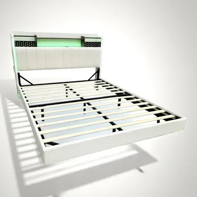 Lit Adulte 160x200cm Tissu Lin,led + USB, Tête De Lit Avec Rangement,beige