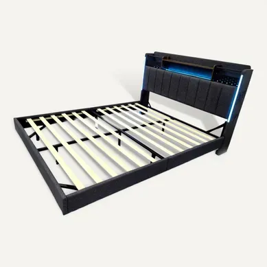 Lit Adulte 160x200cm Tissu Lin,led + USB, Tête De Lit Avec Rangement,gris