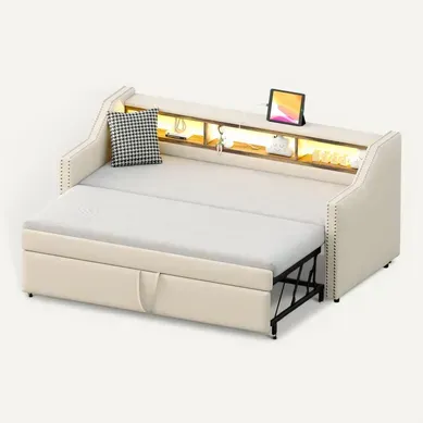 Lit Enfant 90/180x190cm Tissu Lin, Lit Gigogne, Tête De Lit Avec Rangement, LED + USB, Beige