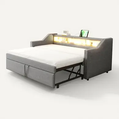 Lit Enfant 90/180x190cm Tissu Lin, Lit Gigogne, Tête De Lit Avec Rangement, LED + USB, Gris
