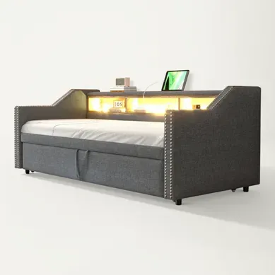 Lit Enfant 90/180x190cm Gris En Tissu Lin, Lit Gigogne, Tête De Lit Avec Rangement, LED + USB