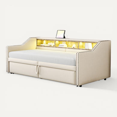 Lit Enfant 90/180x200cm Tissu Lin, Lit Gigogne, Tête De Lit Avec Rangement, LED + USB, Beige Lit Enfant 90/180x200cm Tissu Lin, Lit Gigogne, Tête De Lit Avec Rangement, LED + USB, Beige