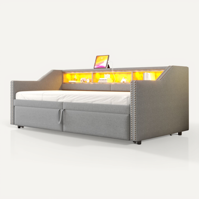 Lit Enfant 90/180x200cm Tissu Lin, Lit Gigogne, Tête De Lit Avec Rangement, LED + USB, Gris