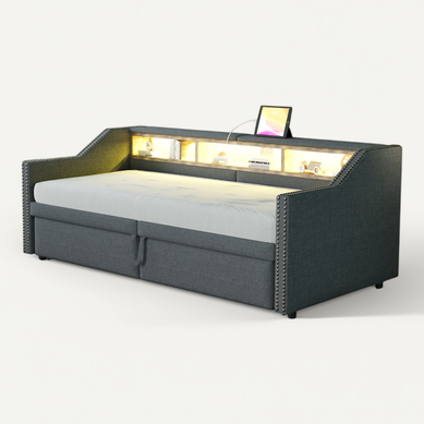 Lit Enfant 90/180x200cm Gris En Tissu Lin, Lit Gigogne, Tête De Lit Avec Rangement, LED + USB
