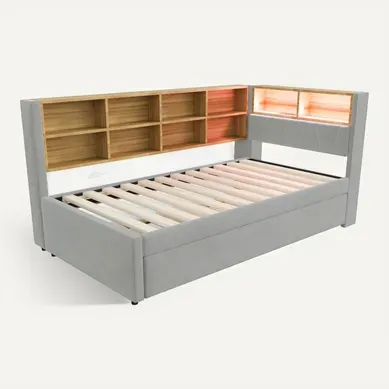 Lit Enfant 90x200cm Avec Lit Gigogne 90x190cm, LED+usb, Rangement Tête De Lit, Flanelle, Gris Clair Lit Enfant 90x200cm Avec Lit Gigogne 90x190cm, LED+usb, Rangement Tête De Lit, Flanelle, Gris Clair
