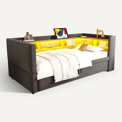 Lit Enfant 90x190cm/180x190cm Avec Lit Gigogne, LED+usb, Rangement, Gris Foncé