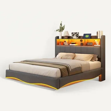 Lit Adulte 140x200cm, LED, USB Et Type-c, Compartiment De Rangement, Lin, Gris