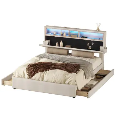 Lit Adulte 140x200cm Avec 4tiroirs, USB + LED, Tête De Lit De Rangement Réglable, Lin, Beige