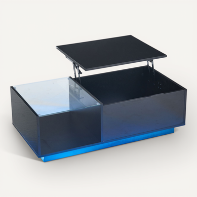 Table Basse Brillant Noir LED Avec Plateau Relevable, Rangement Intégré Table Basse Brillant Noir LED Avec Plateau Relevable, Rangement Intégré