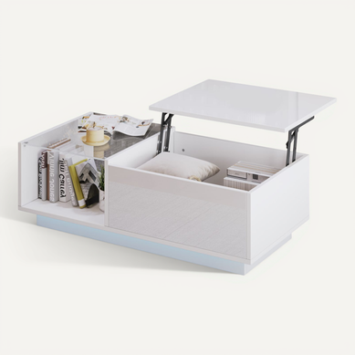 Table Basse Brillant Blanc LED Avec Plateau Relevable, Rangement Intégré Table Basse Brillant Blanc LED Avec Plateau Relevable, Rangement Intégré