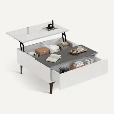 Table Basse LED Carré Blanc Avec Plateau Relevable, 1 Tiroir Et Compartiments Caché Table Basse LED Carré Blanc Avec Plateau Relevable, 1 Tiroir Et Compartiments Caché