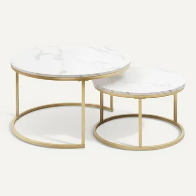 Table Basse Gigogne Ronde Blanc, Lot De 2 Cadre En Métal Doré, Placage Effet Marbre