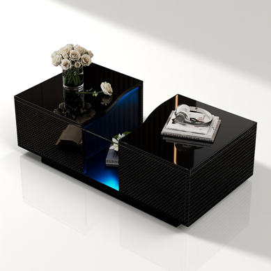 Table Basse LED Brillant Rectangulaire Noir Avec 2 Tiroirs De Rangement, Mdf Table Basse LED Brillant Rectangulaire Noir Avec 2 Tiroirs De Rangement, Mdf