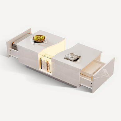 Table Basse LED Brillant Rectangulaire Blanc Avec 2 Tiroirs De Rangement, Mdf Table Basse LED Brillant Rectangulaire Blanc Avec 2 Tiroirs De Rangement, Mdf
